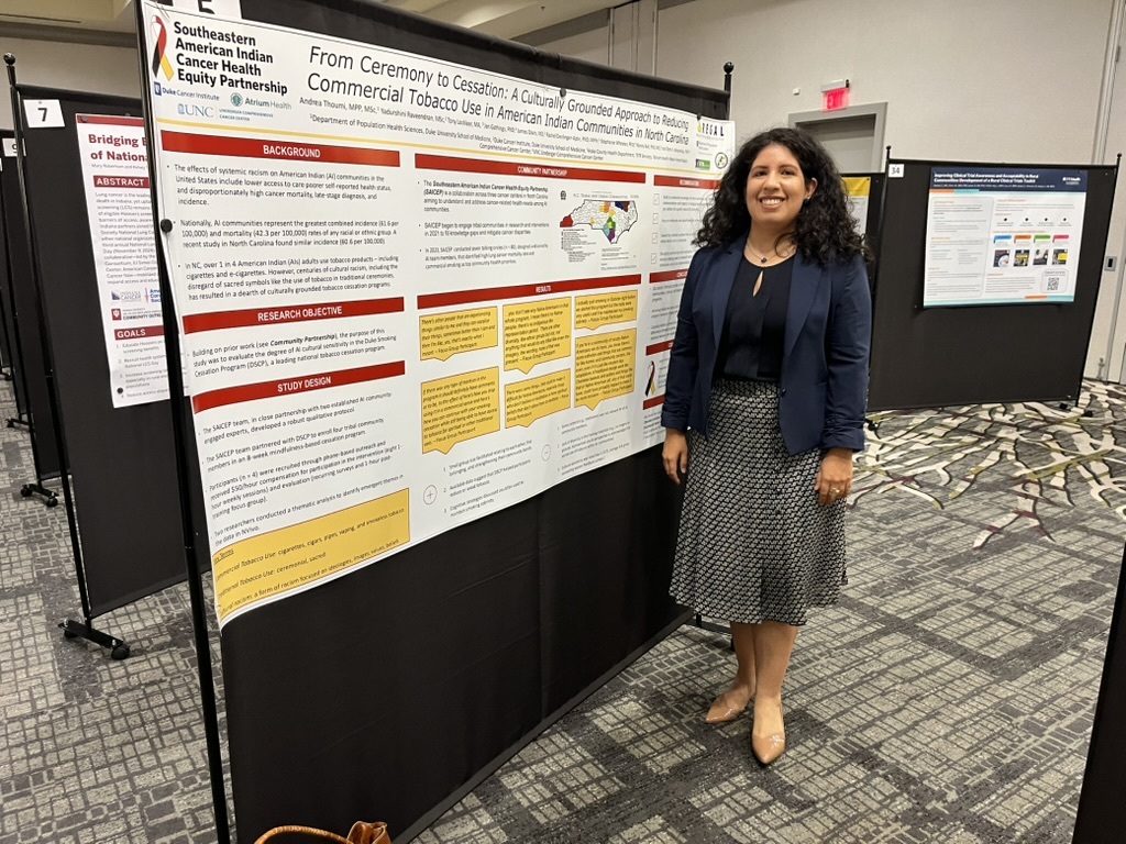 A researcher presenting a scientific poster on culturally grounded tobacco cessation at a 2025 conference